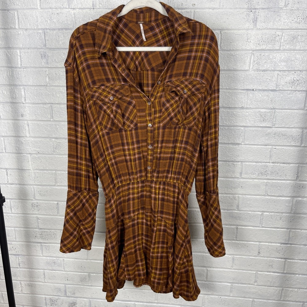 Free‎ People Milo Mini Dress Plaid Womens Size S Brown Western Boho Earthy
